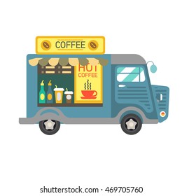 Cartoon style illustration of a coffee van side view. Vector Illustration.