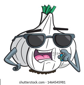 Cartoon style illustration of a cool garlic character wearing sunglasses and freshening its breath with mouth spray.