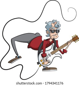 Cartoon style illustration of a cool guy playing electric guitar while wearing sunglasses.
