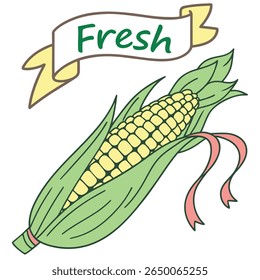 A cartoon style illustration of corn on the cob with a banner that says 'Fresh'.