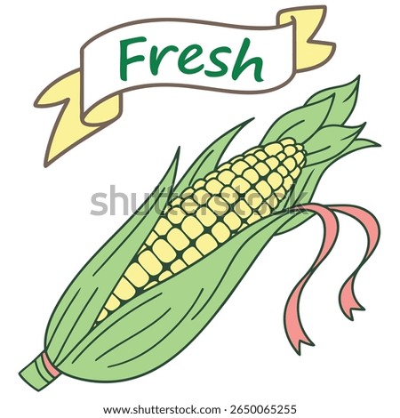 A cartoon style illustration of corn on the cob with a banner that says 'Fresh'.
