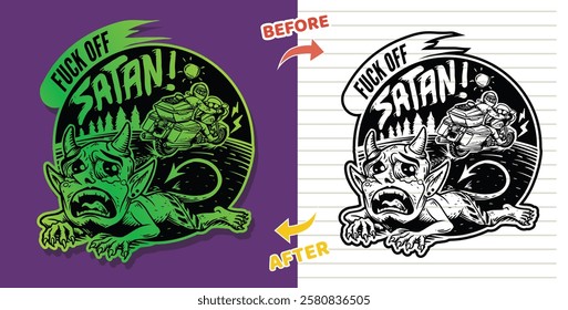 cartoon style illustration of crying devil hit and run by big motorcycle on the road. The design suitable for adult automotive themed coloring book pages and sticker