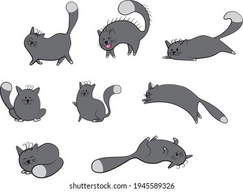 Cartoon style illustration of a cute black and grey cat in various different positions.