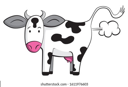 Cartoon style illustration of a cute cow passing gas. A cow farting.