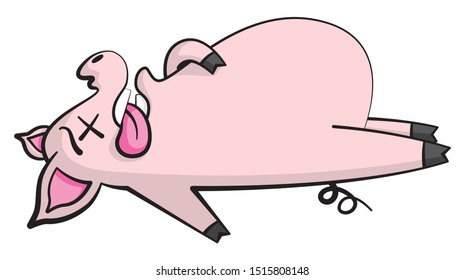 Cartoon style illustration of a cute, dead pig character lying flat on its back with its mouth open and tongue hanging out.