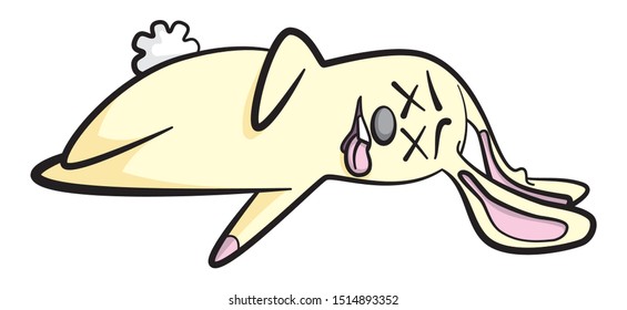 Cartoon style illustration of a cute and fluffy but dead bunny rabbit lying on its side with its tongue sticking out.