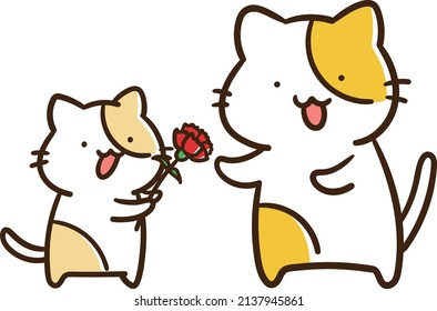 Cartoon style illustration of a cute kitten passing a carnation on Mother's Day