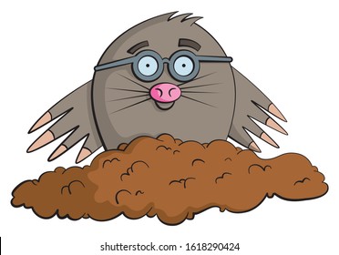 Cartoon style illustration of a cute mole character wearing glasses coming up out of the dirt.