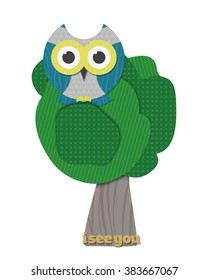 cartoon style illustration of cute owl sitting on the tree. vector paper sage character design. wildlife concept decorative elements. summer park oak and funny night bird