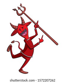 Cartoon style illustration of a cute, red devil character with a pitchfork doing a happy dance.