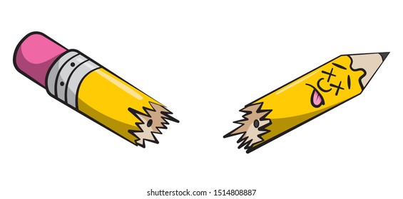 Cartoon style illustration of a dead character broken pencil. Cross eyes with tongue sticking out.