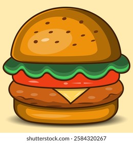 A cartoon style illustration of a delicious burger with a soft yellow background. Designed in a retro flat art style with bold outlines and warm tones. Perfect for fast-food branding and design.