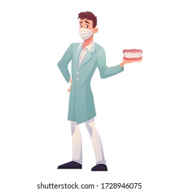 Cartoon style illustration of a dentist with a jaw model in his hand