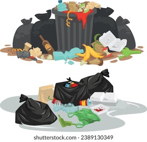 Cartoon style illustration depicting a group of trash strewn everywhere