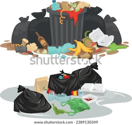 Cartoon style illustration depicting a group of trash strewn everywhere