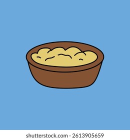 Cartoon style illustration depicts a brown bowl filled with mash on a blue backdrop Ideal for food related designs