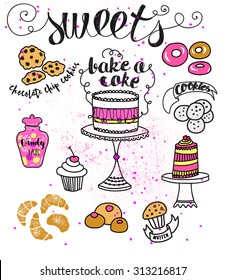 Cartoon style illustration of different sweets, including cakes, donuts, chocolate chip cookies, candies and croissants. Hand drawn doodles