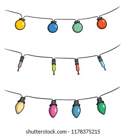 Cartoon style illustration of different types of Christmas lights