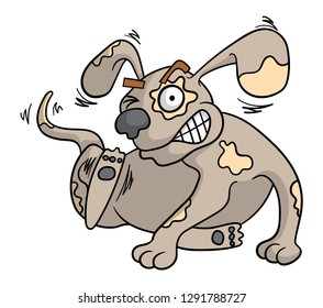 Cartoon style illustration of a dog scratching itself with it's hind leg