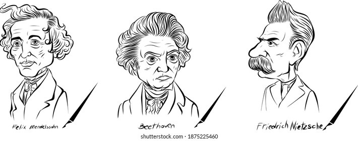 Cartoon style illustration of famous persons caricature portraits 