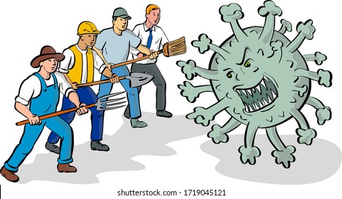 Cartoon style illustration of a farmer, construction worker, cleaner and office workers united together fighting an angry and aggressive covid-19 or corona virus cell on isolated white background.