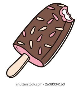 Cartoon style illustration features a partly eaten chocolate covered ice cream bar on a stick, adorned with sprinkles on a transparent backdrop.