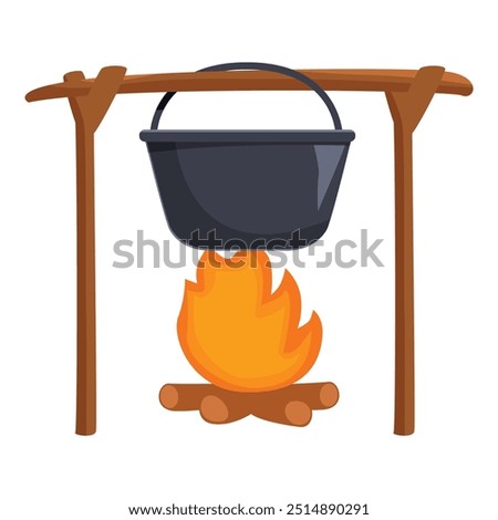 Cartoon style illustration featuring a black cauldron hanging over a burning campfire, perfect for representing outdoor cooking during hikes and camping trips