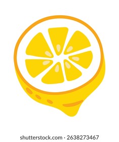 Cartoon style illustration featuring a lemon slice dripping with juice, showcasing the vibrant essence of freshness and the tangy, citrusy flavor that delights the senses
