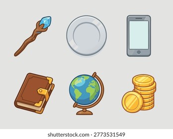 Cartoon style illustration featuring a magic staff, plate, smartphone, book, globe, and stack of coins, isolated on a plain background.