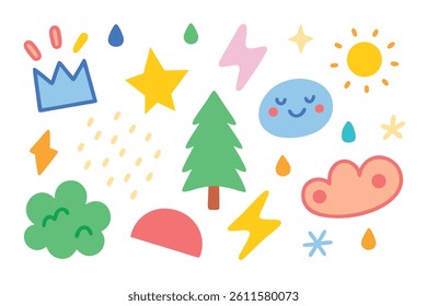 Cartoon style illustration featuring whimsical elements like clouds, stars, tree, sun, drops and crown isolated on a white background, suitable for various designs.