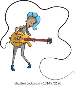 Cartoon style illustration of a female guitarist. She has blue hair and a yellow electric guitar.