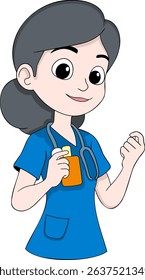 Cartoon style illustration of a female nurse wearing blue scrubs and a stethoscope, holding a medicine bottle