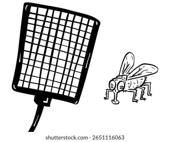 Illustration de style dessin humoristique d'un ensemble de tapettes de mouches et de mouches domestiques en train d'être écrasées sur fond isolé, réalisée en noir et blanc.