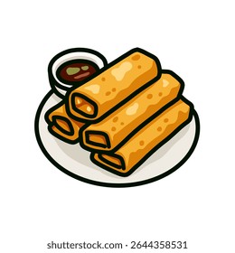 Ilustração estilo desenho animado de quatro rolos de mola empilhados em uma placa com um lado de molho de imersão. Ilustração de comida, isolada em branco.