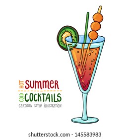 Cartoon style illustration of fresh cocktail. Hot summer - cold cocktails. Hand drawn. With funny text. Isolated object on white background, easy to edit.