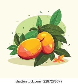 Cartoon style illustration of fresh ripe mango with leaves. Flat style minimal illustration