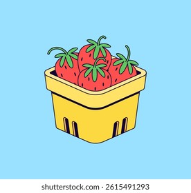 Cartoon style illustration of fresh strawberries nestled in a classic yellow produce carton. The strawberries are vibrant red with bold green tops vector