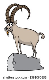 Cartoon style illustration of a friendly Alpine Ibex ram standing on a rock.