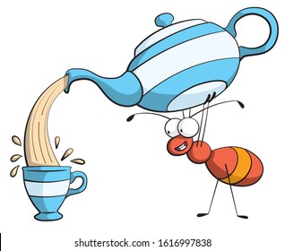 Cartoon style illustration of a friendly and cute ant character holding a pot of tea above its head, pouring some into a cup.