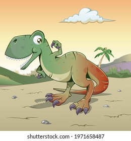 Cartoon style illustration of a funny and cute Tyrannosaurus Rex
Sunset or dawn sky with cloud 
Vegetation and a palm tree on the background