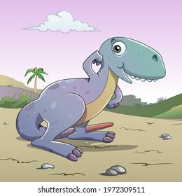 Cartoon style illustration of a funny and cute smiling Tyrannosaurus Rex
Purple sky with cloud 
Vegetation and a palm tree on the background

