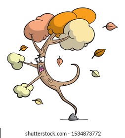 Cartoon style illustration of a funny tree character tripping and falling over a stone. A tree falling. Wordplay with fall and autumn. Autumn colour leaves.