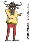 Cartoon style illustration of a gnu character standing, pointing and looking to the side.