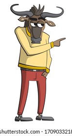 Cartoon style illustration of a gnu character standing, pointing and looking to the side.