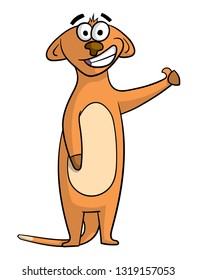 Cartoon style illustration of a goofy looking meerkat smiling and holding his thumb up in approval of something