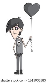 Cartoon Style Illustration Of A Goth Teenage Boy Holding A Black Heart Shaped Balloon. Goth Valentine. Emo Valentine.