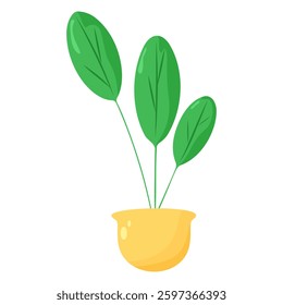 Cartoon style illustration of green potted plant in yellow pot, isolated on transparent background. Vector art.