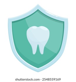 Ilustração em estilo de desenho animado de um escudo verde protegendo um dente branco saudável, promovendo a saúde e higiene dentária