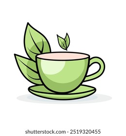 Cartoon Style Illustration Of Green Tea In An Elegant Teacup, Vector Flat Icon Logo Design With A White Background