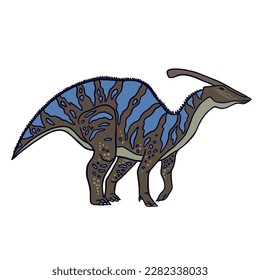 Cartoon style illustration of grey and blue parasauralophus. Genus of herbivorous hadrosaurid ornithopod dinosaur with long skull and wide shoulder blade